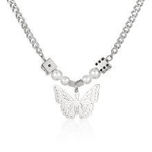 Load image into Gallery viewer, Stainless Steel Dice Butterfly Pearls Splicing  Trend Pendant Necklace