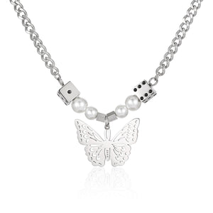 Stainless Steel Dice Butterfly Pearls Splicing  Trend Pendant Necklace