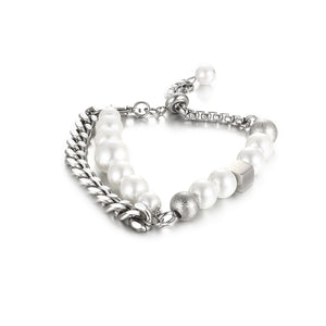 Stainless Steel Double Layered Cuban Pearl Bracelet