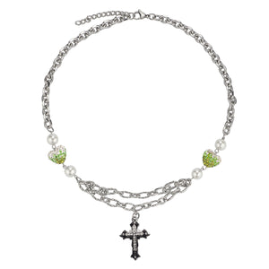 Stainless Steel Colored Diamond Inlaid Heart Splicing Cross Men And Women Necklace