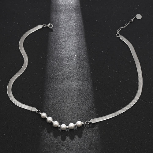 Stainless Steel Pearl Spliced Snake Bone Trend Chain Necklace