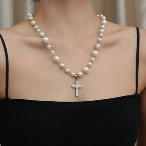Stainless Steel Inlaid Diamond Cross Splicing Pearl Necklace