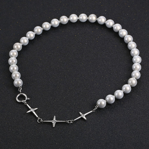 Stainless Steel Diamond Cross Reflective Pearls Splicing Men and Women Delicate Necklace