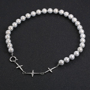 Stainless Steel Diamond Cross Reflective Pearls Splicing Men and Women Delicate Necklace
