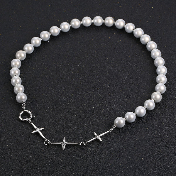 Stainless Steel Diamond Cross Reflective Pearls Splicing Men and Women Delicate Necklace