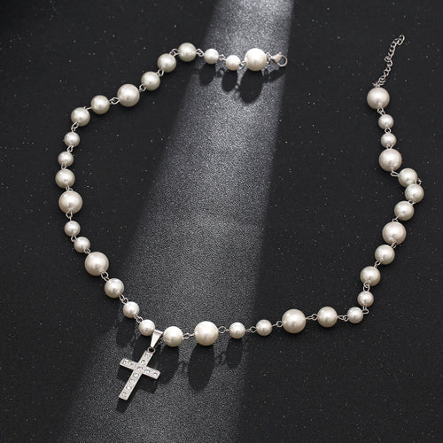 Stainless Steel Inlaid Diamond Cross Splicing Pearl Necklace
