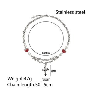 Stainless Steel Colored Diamond Inlaid Heart Splicing Cross Men And Women Necklace