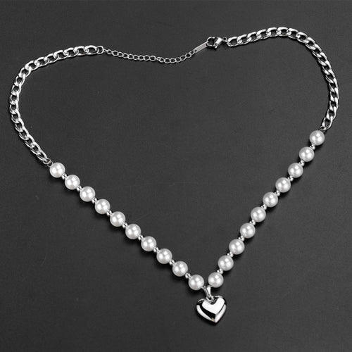 Stainless Steel Chain Splicing Pearls Love Minimalism Necklace