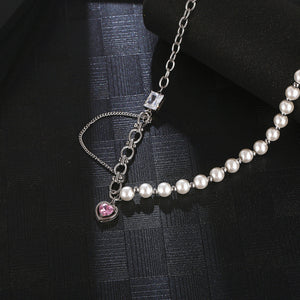 Stainless Steel Chain Splicing Pearls Pink Diamond Love Pendant Necklace