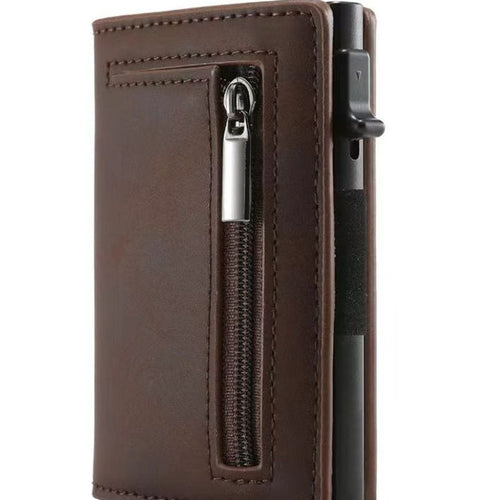 The new leather men's wallet automatically pops out the credit card box ultra-thin RFID anti-theft swipe card case metal sleeve
