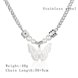 Stainless Steel Dice Butterfly Pearls Splicing  Trend Pendant Necklace
