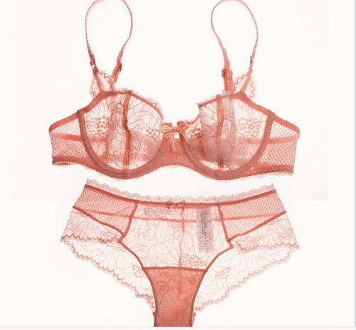 Europe and the United States style ultra-thin women's underwear without sponge big chest show small transparent bra set fat MM