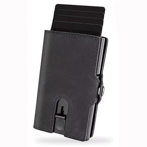 MOQ200 New RFID retro Crazy Horse skin automatic pop-up card aluminum box wallet multi-card coin bag ultra-thin card bag