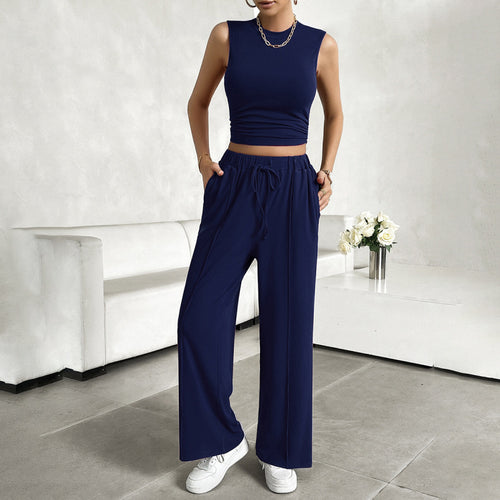 Di Yun women's spring and summer leisure round neck sleeveless shirt and trousers two-piece set