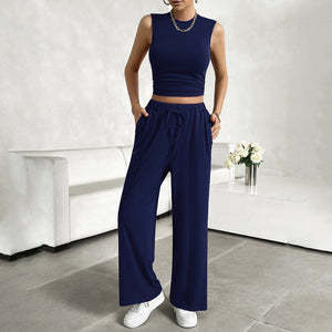 Di Yun women's spring and summer leisure round neck sleeveless shirt and trousers two-piece set