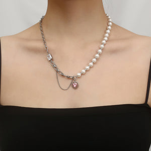 Stainless Steel Chain Splicing Pearls Pink Diamond Love Pendant Necklace