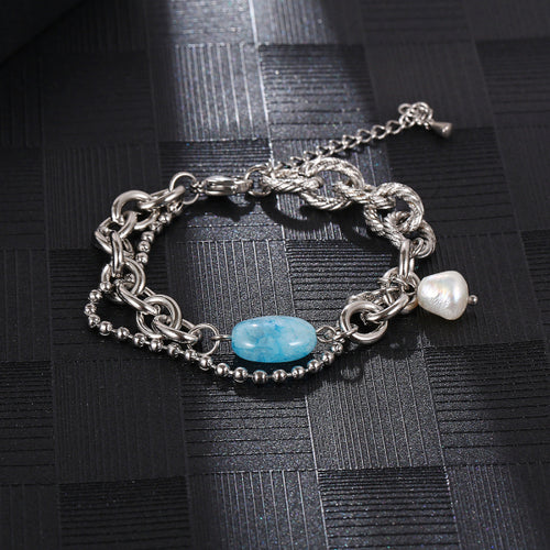 Stainless Steel Natural Stone Spliced Double Layer Fashion Bracelet