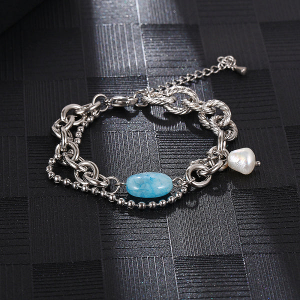 Stainless Steel Natural Stone Spliced Double Layer Fashion Bracelet