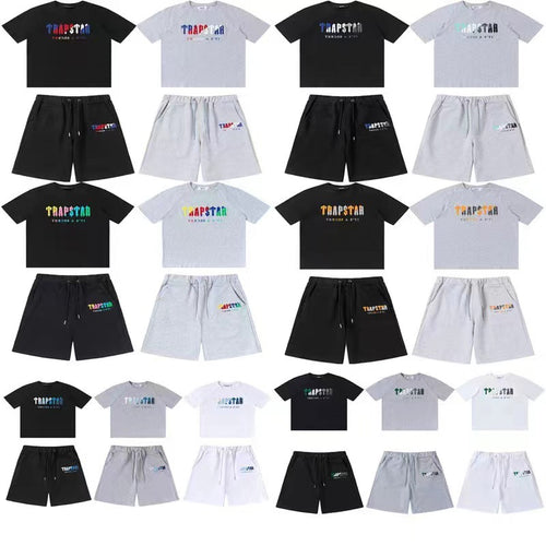 Trapstar Rainbow white and blue towel embroidered short sleeve shorts casual high street crewneck loose