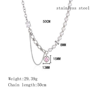 Stainless Steel Chain Splicing Pearls Pink Diamond Love Pendant Necklace