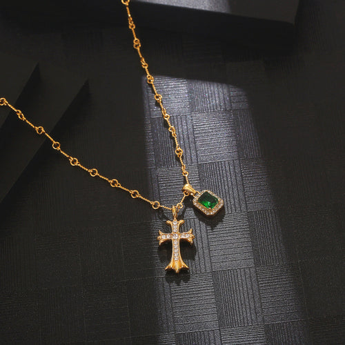 Stainless Steel Emerald Diamond Cross Combination Hip Hop Necklace