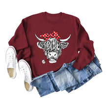 Load image into Gallery viewer, Casual long sleeve crewneck red bow cow fun print loose women&#39;s hoodie
