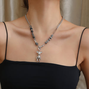Stainless Steel Natural Stone Spliced Little Bear Trend Fashion Pendant Necklace