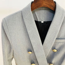 Load image into Gallery viewer, 2021 European and American star style women&#39;s suit jacket fashion lion head metal button double breasted green fruit collar suit light grey - Critique Clothing - 