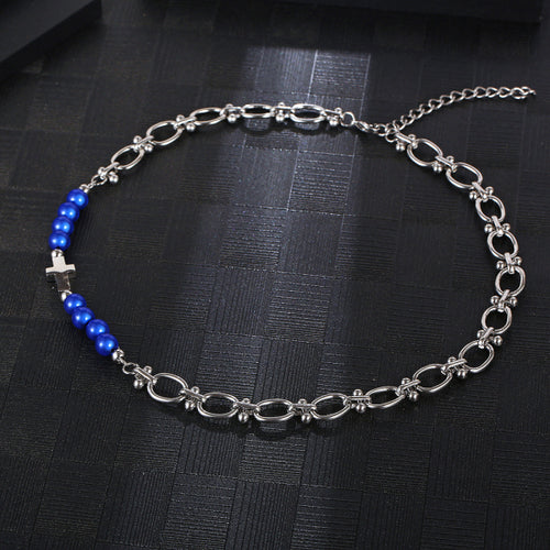 Stainless Steel Reflective Blue Pearl Cross Splicing Trend Necklace