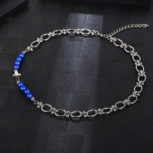 Stainless Steel Reflective Blue Pearl Cross Splicing Trend Necklace