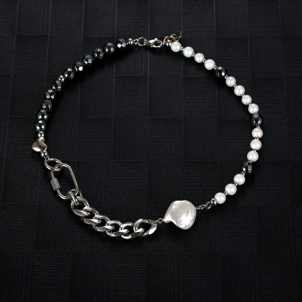 Stainless Steel Retro Black Gallstone Spliced Pearl Necklace