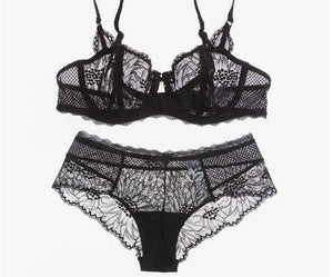 Europe and the United States style ultra-thin women's underwear without sponge big chest show small transparent bra set fat MM