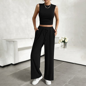 Di Yun women's spring and summer leisure round neck sleeveless shirt and trousers two-piece set