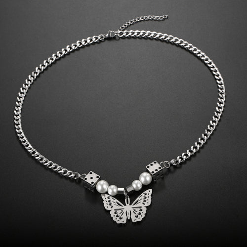 Stainless Steel Dice Butterfly Pearls Splicing  Trend Pendant Necklace