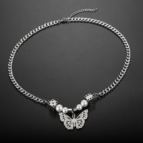 Stainless Steel Dice Butterfly Pearls Splicing  Trend Pendant Necklace