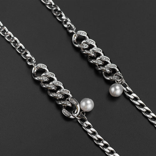 Stainless Steel Inlaid Diamond Pearls Necklace