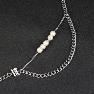 Stainless Steel Double Layered Letter Pearls Trend Necklace