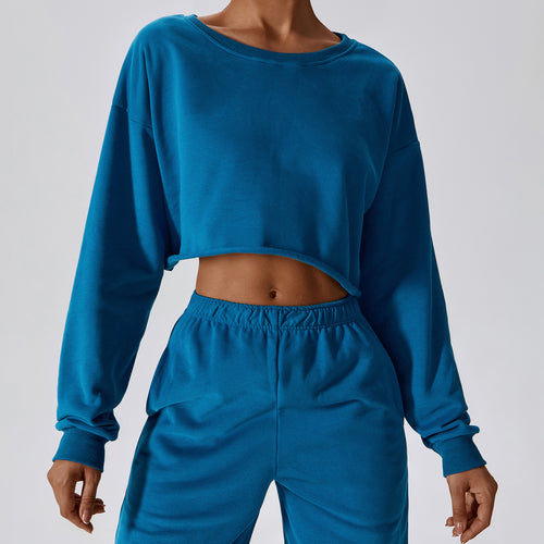 TikTok warm long sleeve hoodie T-shirt women short pullover outdoor fitness smock loose casual sportswear 8188