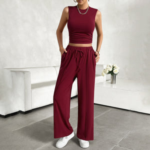 Di Yun women's spring and summer leisure round neck sleeveless shirt and trousers two-piece set