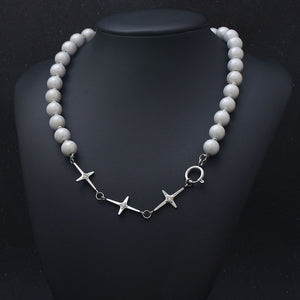Stainless Steel Diamond Cross Reflective Pearls Splicing Men and Women Delicate Necklace