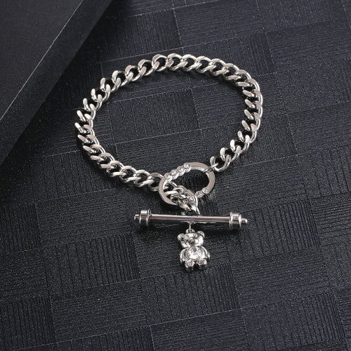 Stainless Steel OT Buckle Studded Diamond Teddy Bear Minimalism Bracelet