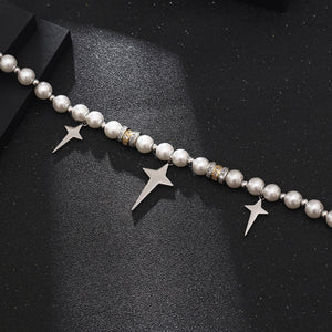 Stainless Steel Metal Spliced Pearl Cross Trend Necklace
