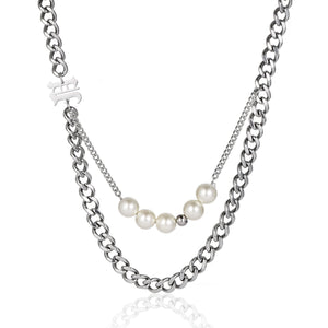 Stainless Steel Double Layered Letter Pearls Trend Necklace
