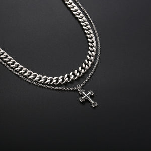 Stainless Steel Cross Cuban Double Layer Trend Fashion Necklace