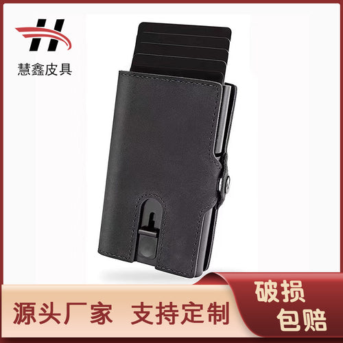MOQ200 New RFID retro Crazy Horse skin automatic pop-up card aluminum box wallet multi-card coin bag ultra-thin card bag