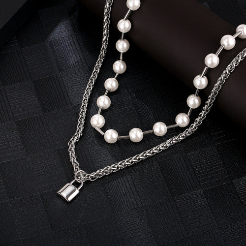 Stainless Steel Aritificials Pearls Lock Trend Necklace