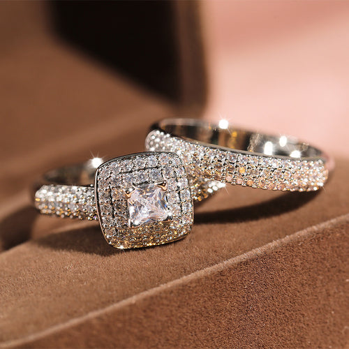 Full of diamond micro-set couple princess square diamond set fashion luxury engagement ring for women