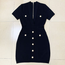 Load image into Gallery viewer, Spring/summer 2021 European and American star trend deep V collar fashion lion button short sleeve knit hip wrap dress