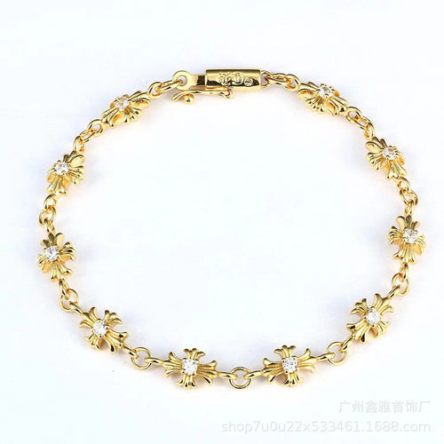 Chcrowe 伈 cross floral diamond bracelet Retro fashion trend S925 standard men and women couples thin bracelet