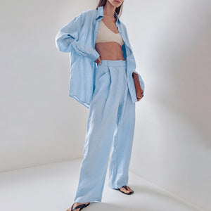 Summer loose cotton linen set women simple long-sleeved shirt trousers two-piece casual women's wear